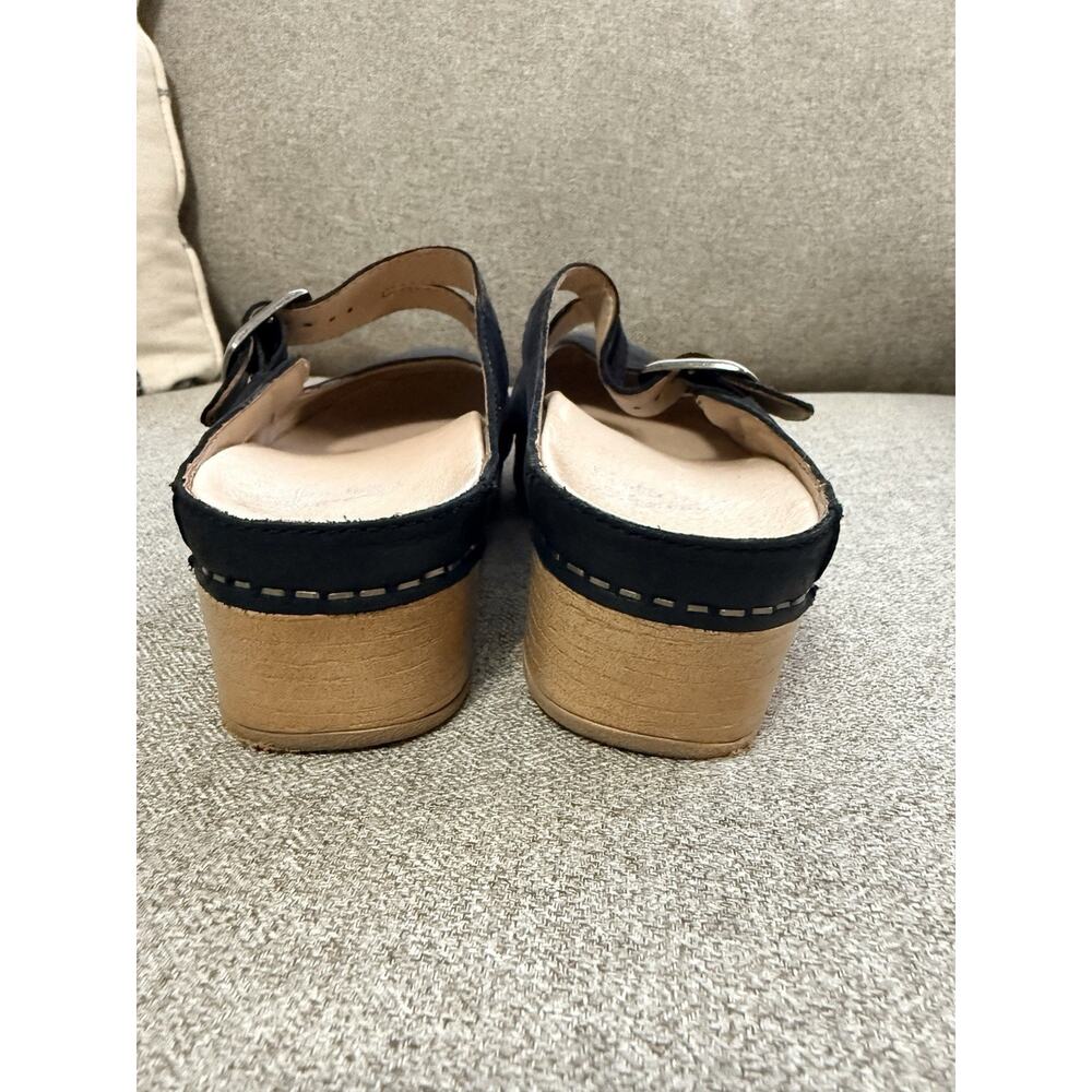 Dansko Black Suede Clog Mules with Tan Wood-Look Heel - Picture 6 of 10